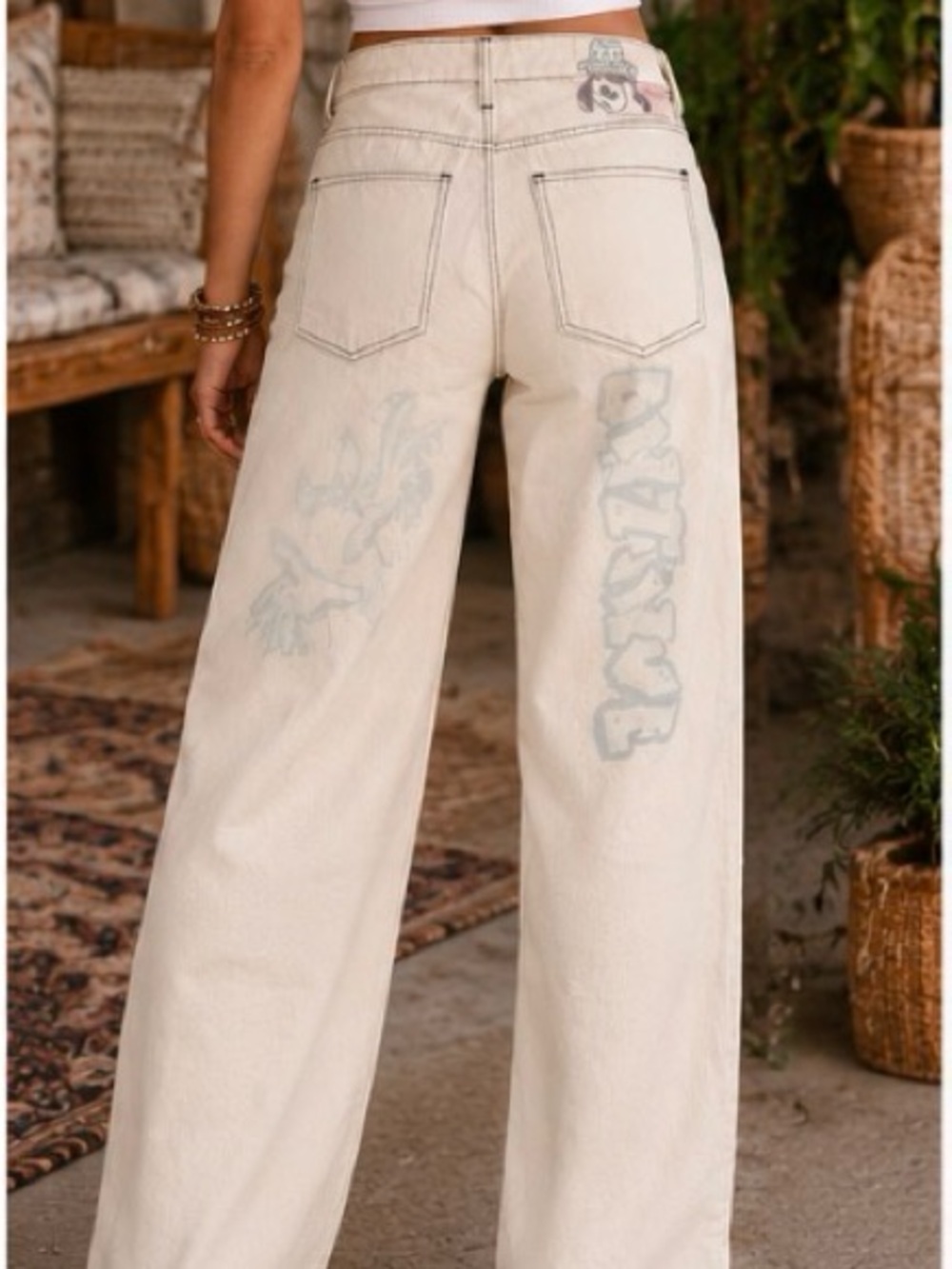 Bershka Cream Wide-Leg Jeans with Pastel Graphics - Picture 2 of 3